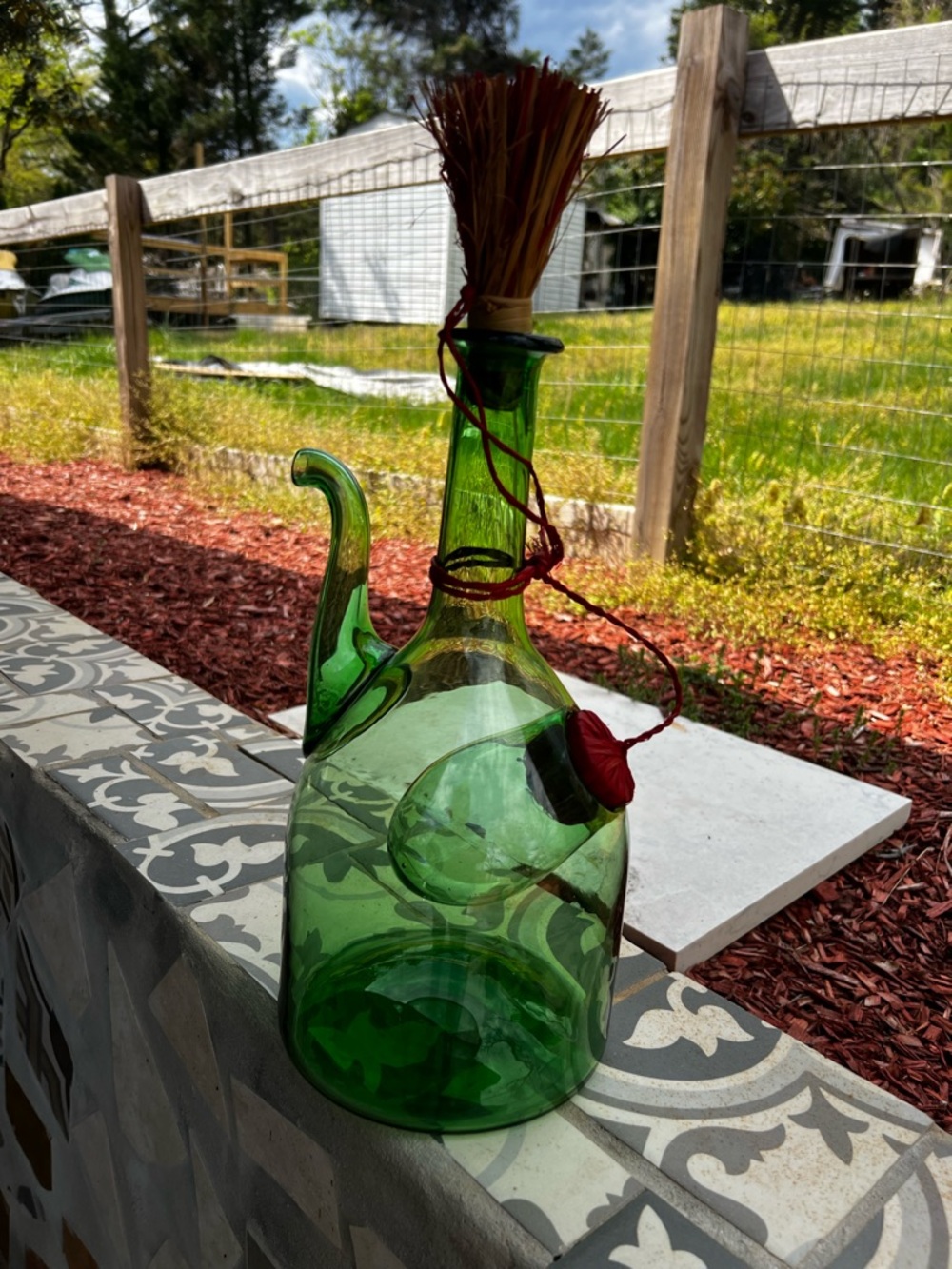 Green Glass Decorative Cruet Bottle with Red Wax Seal